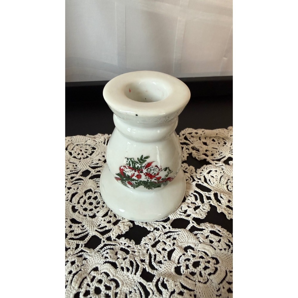 Vintage Christmas Ceramic Taper Candle Holder White Holly Berry Ribbon Design